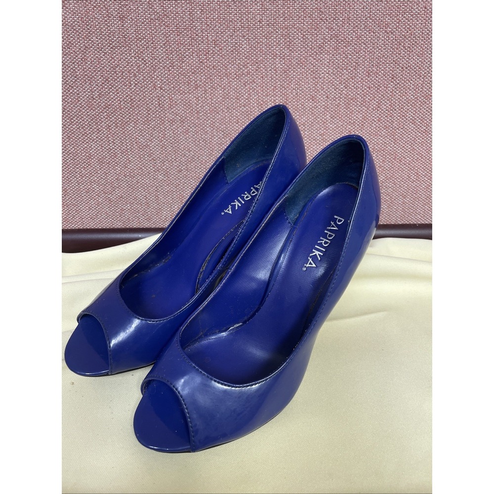 Royal Blue Paprika Brand Faux Leather Peep Toe Pumps Heels Women's‎ 6 Sexy 3"